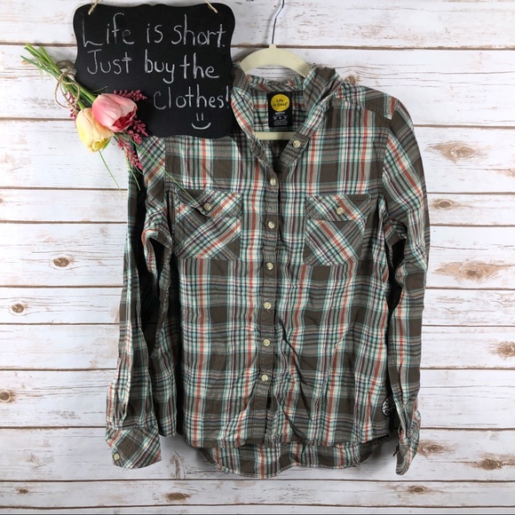 Life Is Good Tops - Life Is Good brown plaid hi low button up hood top